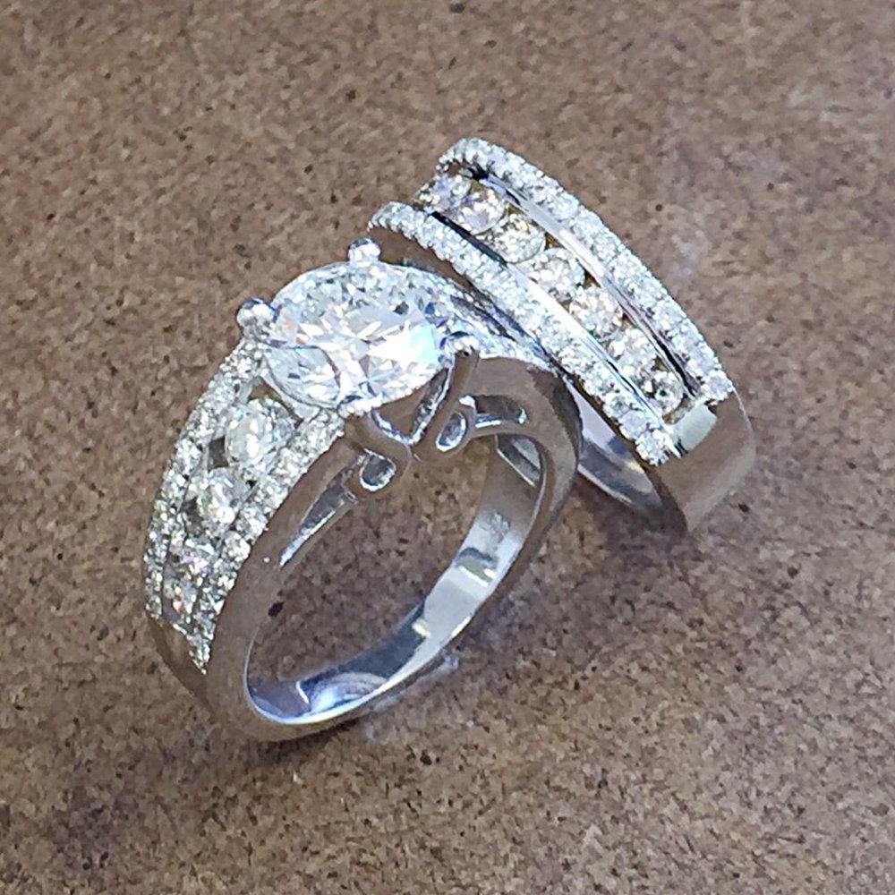 🌸Bague Eternity Full CZ Diamonds Silver Plated Couple Chunky Ring Set,UNVN12286